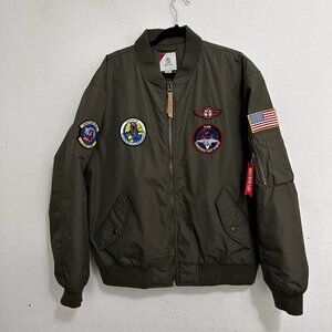 Bomber Flight  Jacket Army Green Denim House USA Flag Aviator Patches Size 2XL